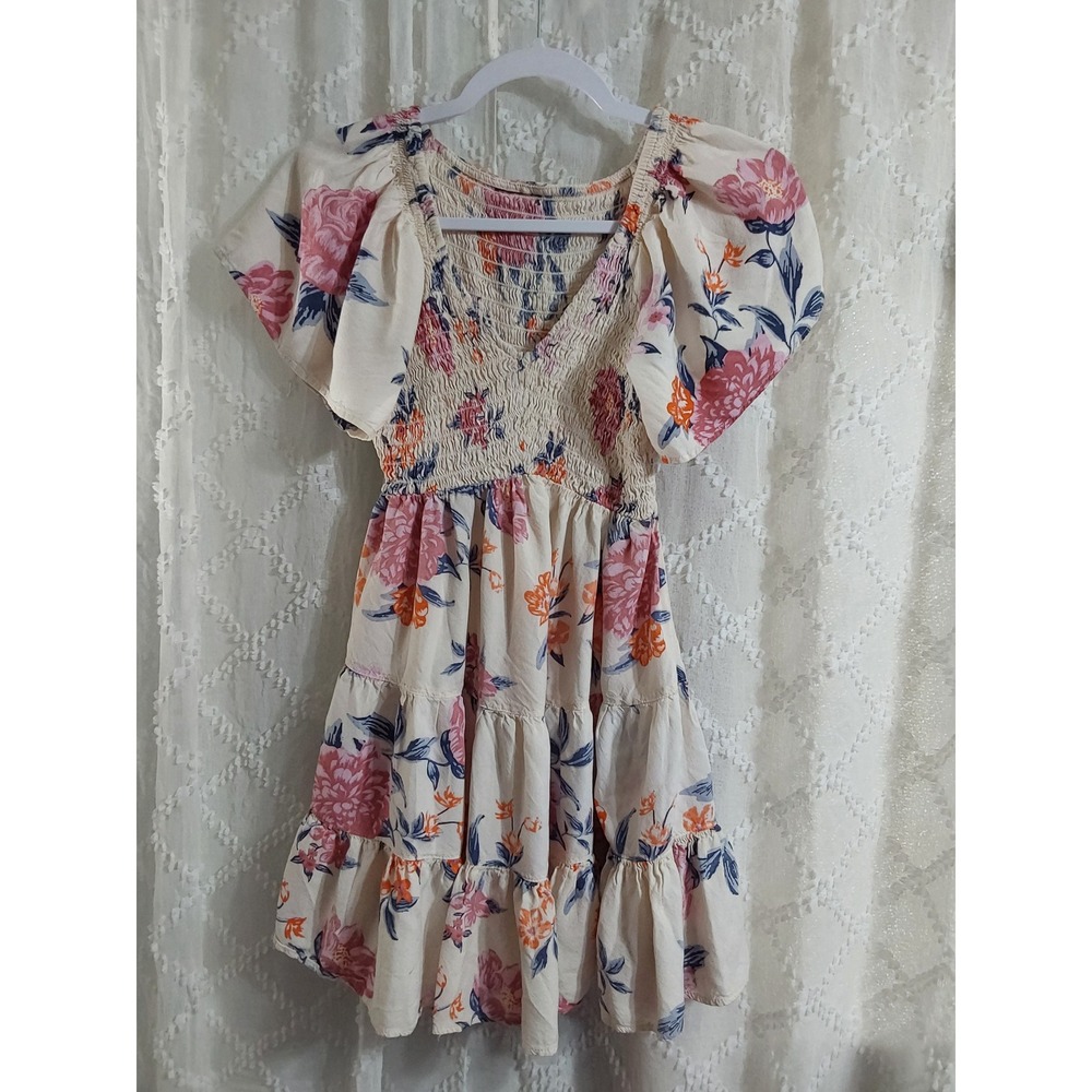 Floral Smocked Mini Dress Tiered Ruffle‎ Boho Cream S/M